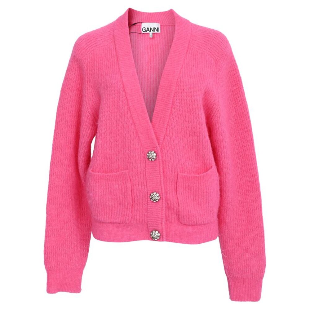Ganni Knitted Crystal Buttoned Cardigan in Pink Wool